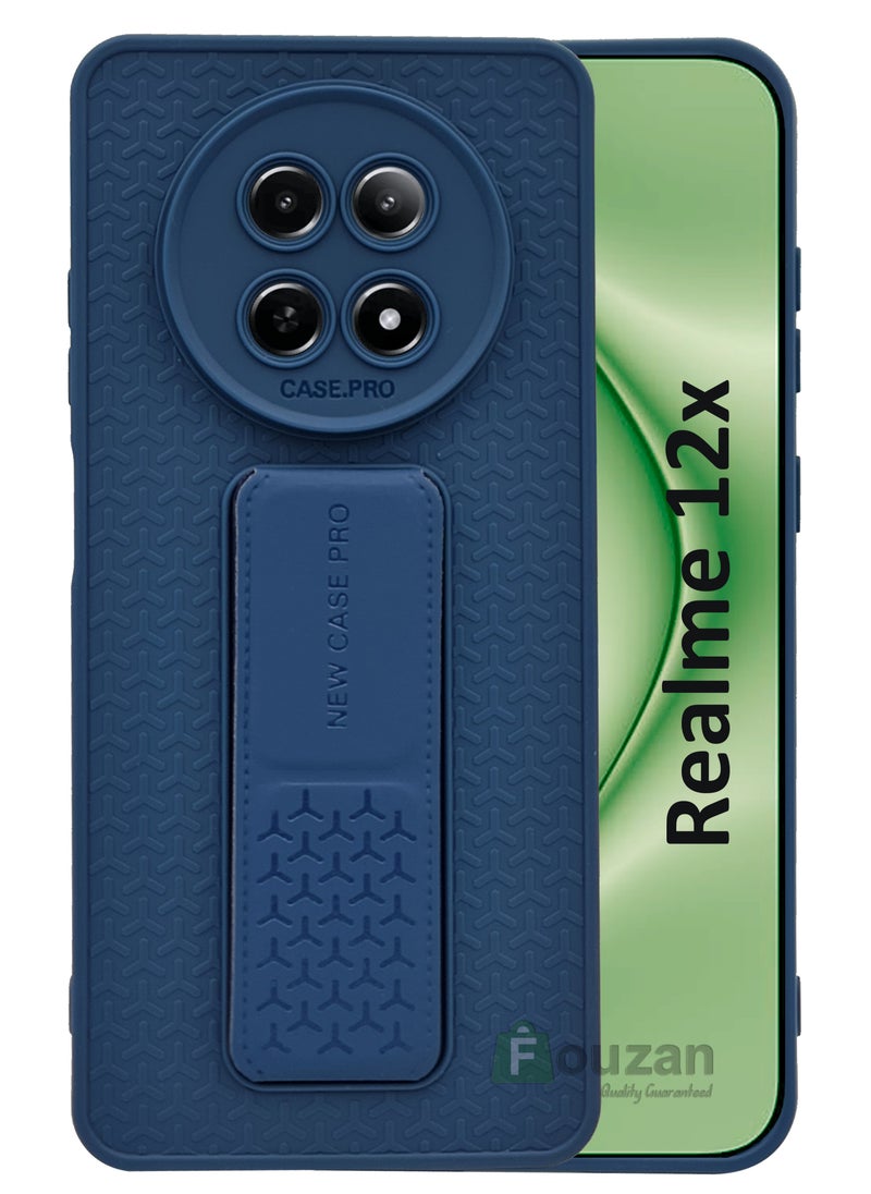 Generic - Semi Soft Silicone Magnetic Back Stand Case  With Foldable Kickstand & Finger Strap For Realme 12x - Blue - Image 1