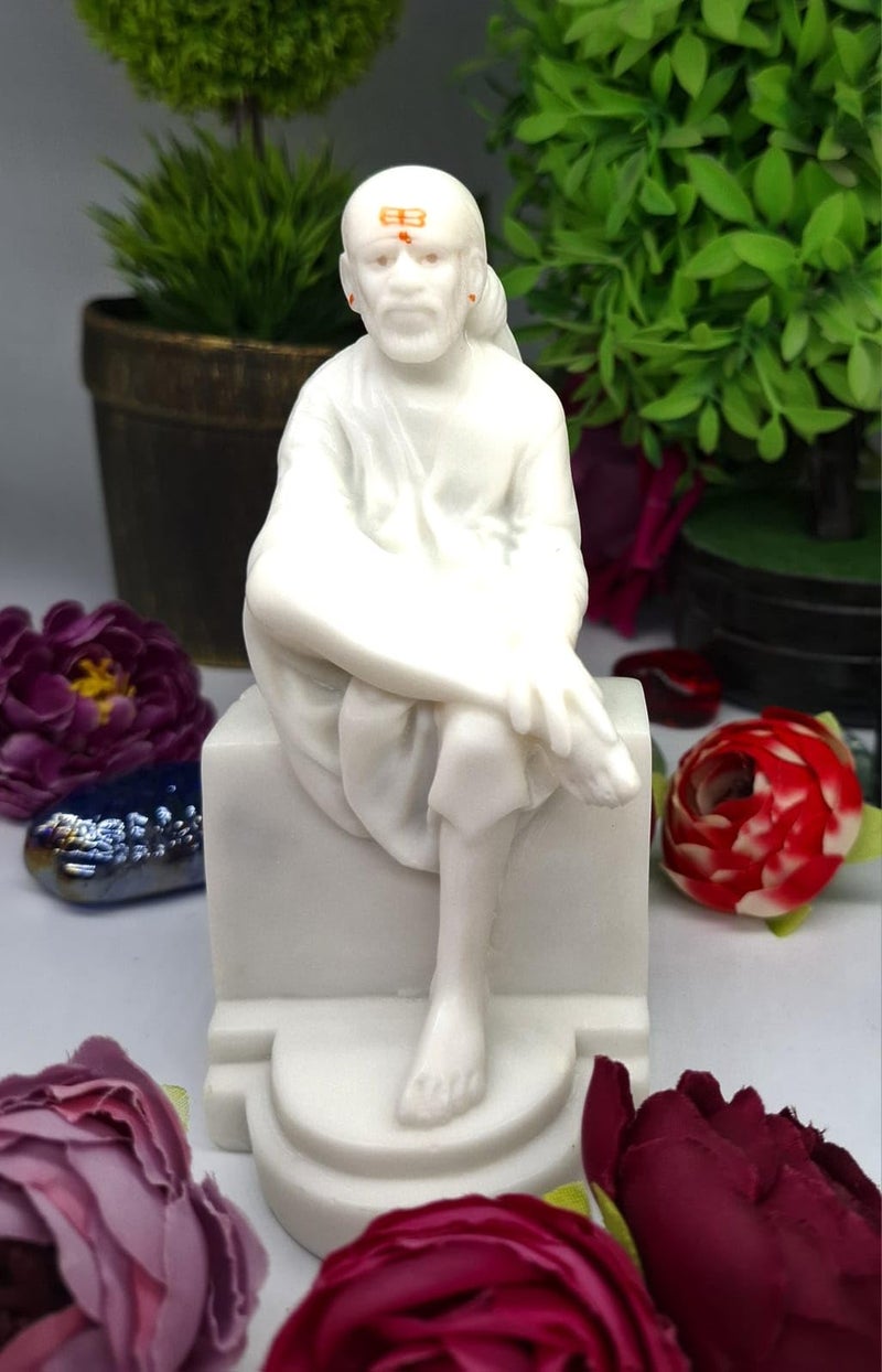 Hemant art Shirdi Sai Baba Marbal Statue,Murti,Idol Beautifully Embroidery Work Sai Baba Vastra, Poshak Dress with Pagdi (White Color - Inches) - Image 5