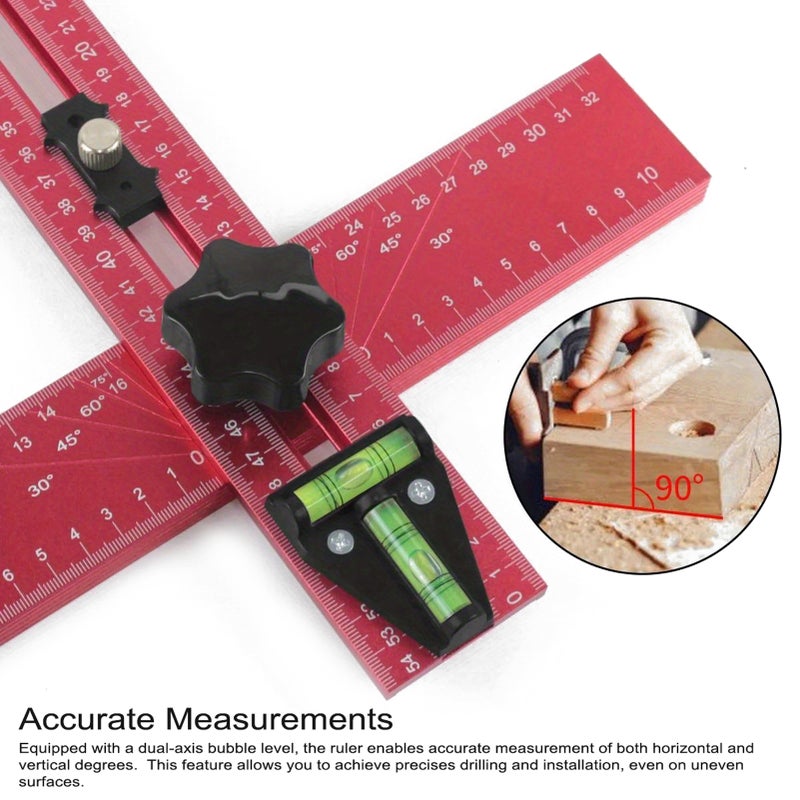 Drilling Positioning Ruler Multi-Angle Measuring Ruler Aluminum Alloy T-Shape Ruler Woodworking Scribing Marking Ruler with 2 Positioning Blocks for Carpentry - Image 3