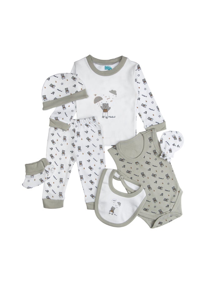 Babies Basic 7 Piece Unisex 100% Cotton Set Include Bib, Socks, Mitten, Cap, Romper, Top And Bottom Set, Green  - Image 2