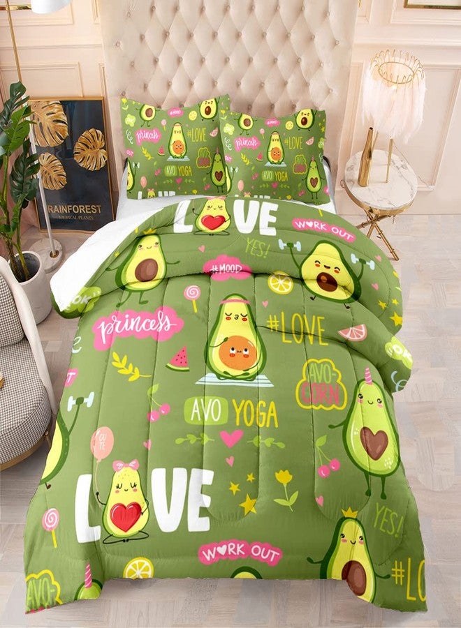 Suncloris Green Cartoon Avocado Comforter Set 3 Piece, Happy Aesthetic Avocado Party Pattern, Fun Themed Bedding with 2 Pillow Shams, Lightweight Quilt for Kids Adults Bedroom Decor (03, Queen) - Image 1