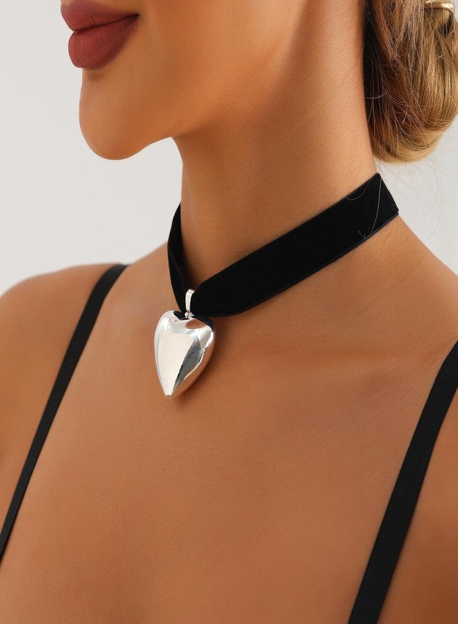 Obmyec Heart Choker Necklaces Chunky Heart Pendant Neckalce Y2K Gothic Velvet Choker for Women(Silver-2) - Image 2