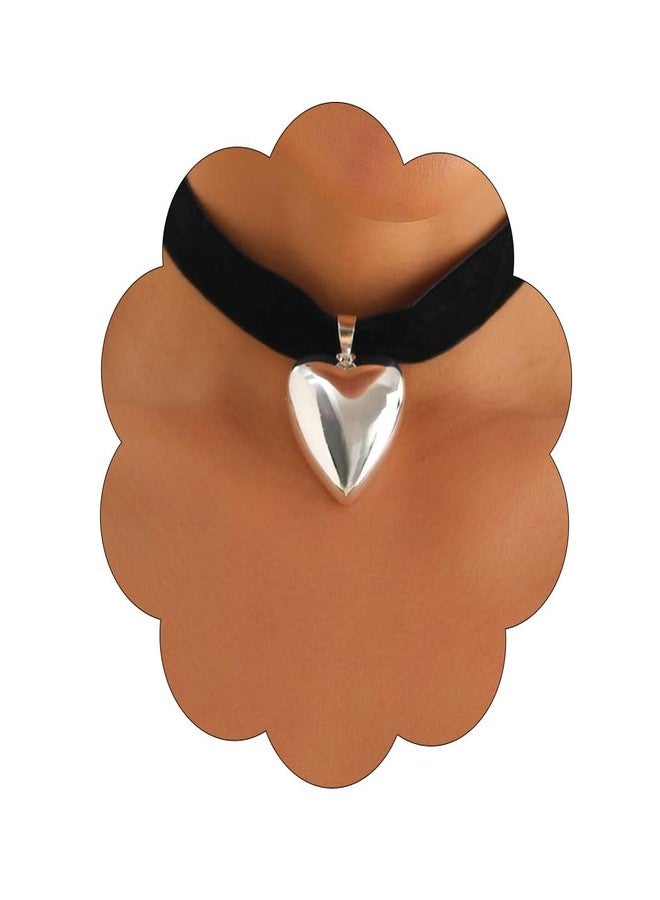 Obmyec Heart Choker Necklaces Chunky Heart Pendant Neckalce Y2K Gothic Velvet Choker for Women(Silver-2) - Image 1