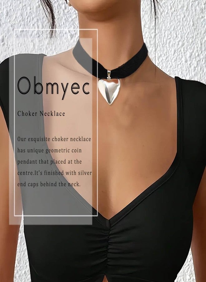 Obmyec Heart Choker Necklaces Chunky Heart Pendant Neckalce Y2K Gothic Velvet Choker for Women(Silver-2) - Image 5