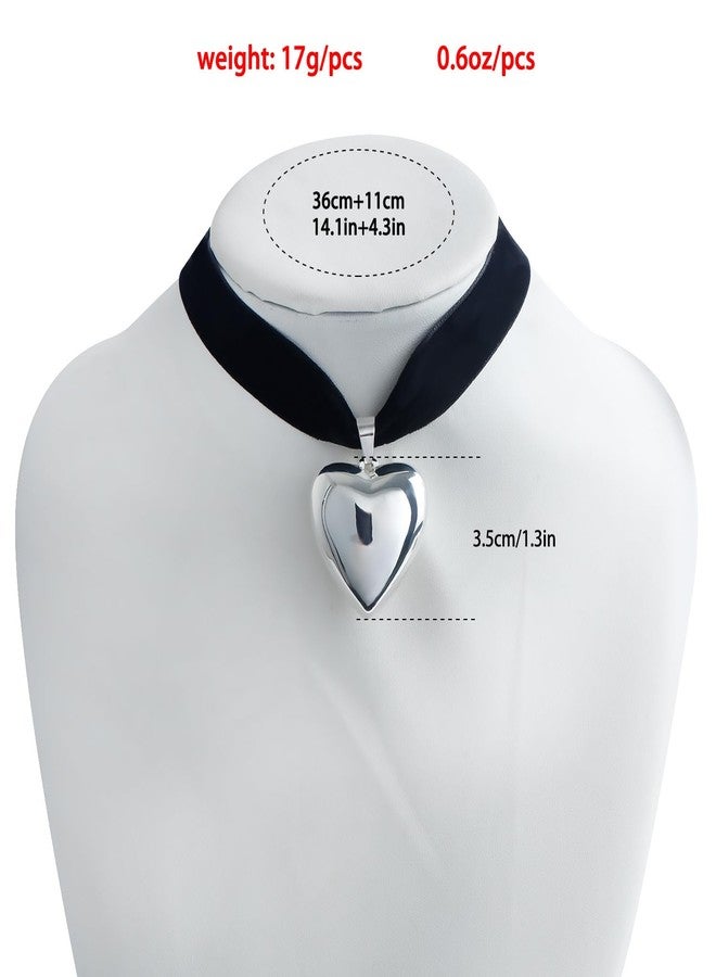 Obmyec Heart Choker Necklaces Chunky Heart Pendant Neckalce Y2K Gothic Velvet Choker for Women(Silver-2) - Image 3