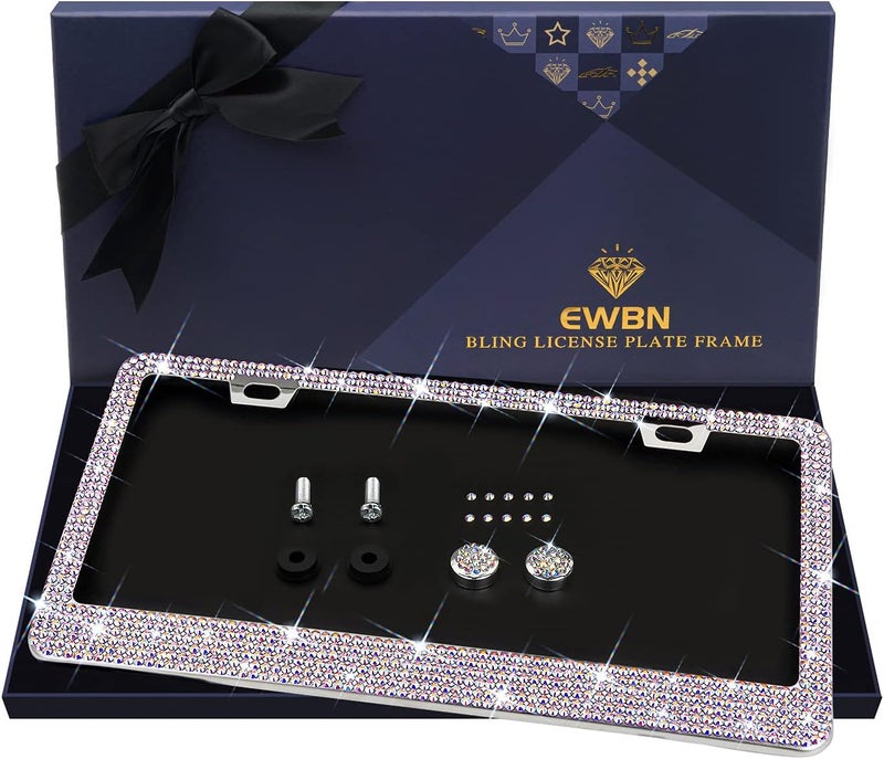 EWBN Bling Rhinestone License Plate Frame for Women Teen Girls，White Diamond Sparkly Stainless Steel Frames & Over 1200 pcs Finest 14 Facets Round-Cut Glass Crystals Premium Diamond+GiftBox(Colorful) - Image 1