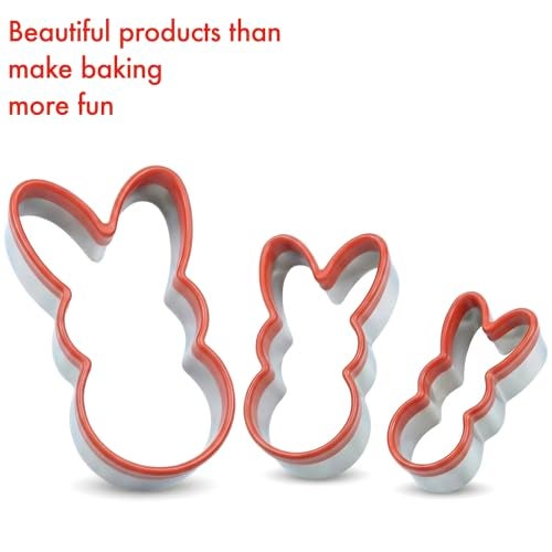 COOKIEQUE 3 Pcs Easter Fun Bunny Cookie Cutters Set 4.4" 3.6" 3", Holiday Stainless Steel Cookie Cutters,Biscuit Cutter, Unique Design with Protective Red Top Rubber - Image 5