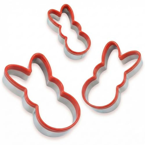 COOKIEQUE 3 Pcs Easter Fun Bunny Cookie Cutters Set 4.4" 3.6" 3", Holiday Stainless Steel Cookie Cutters,Biscuit Cutter, Unique Design with Protective Red Top Rubber - Image 1