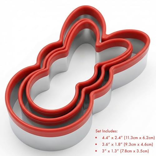 COOKIEQUE 3 Pcs Easter Fun Bunny Cookie Cutters Set 4.4" 3.6" 3", Holiday Stainless Steel Cookie Cutters,Biscuit Cutter, Unique Design with Protective Red Top Rubber - Image 4