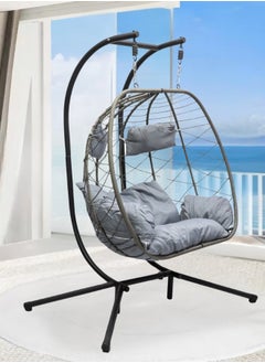 Best Hanging swing chair S-2011 Grey Hanging Egg Indoor Outdoor Patio Wicker Rattan Swing Chair with UV Resistant Random Washable Cushions & Iron Frame for Garden, Living Room & Backyard (Grey)