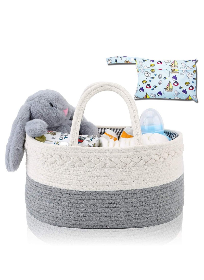 MIXDE Baby Diaper Caddy Organizer, Nursery Storage Basket for Boys Girls,Cotton Rope Diaper Storage Basket, Large Bag Car Bassinet with Removable Inserts, Nursery Storage Bin, 100% White Cotton  - Image 1
