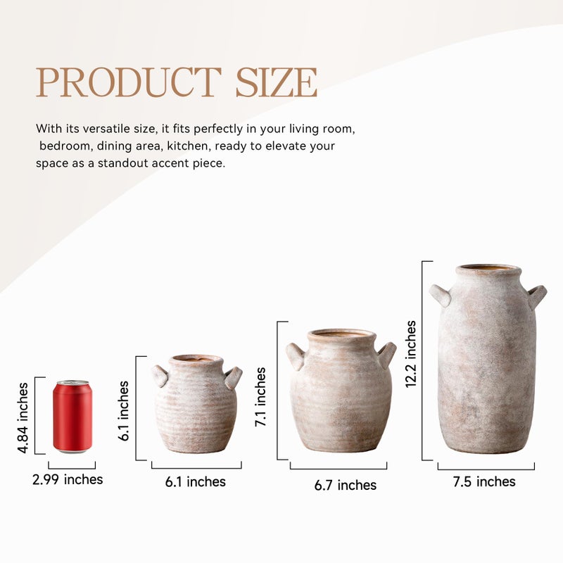 Vanselia Large Flower Vase Home Decor - 12 inch Tall Ceramic Farmhouse Rustic Table Vases with Handle Living Room Decoration Decorative Modern Pottery for Floor Kitchen Shelf Coffee Dining Desk Fireplace - Image 3