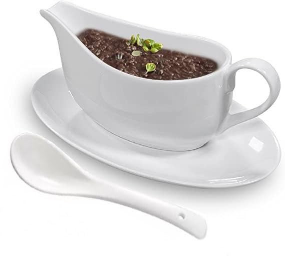 Qlans Gravy Boat With Ladle and Saucer 17 OzCeramic Sauce Boat with Tray for Salad Dressings MilkWarming SaucesCreamerBrothBlack PepperWhite 1 PCS New Gravy Boat With Ladle and Saucer