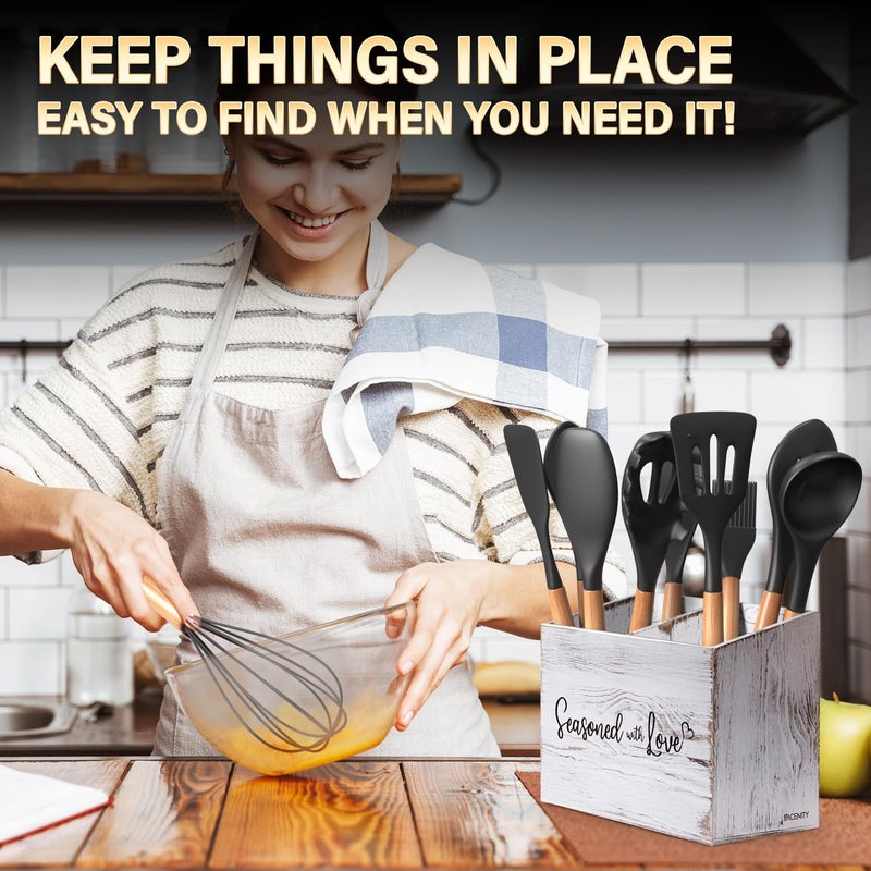 Acenity Acenity Cooking Utensil Holder, Cute Kitchen Counter Organizer, Utensil Caddy, Lovely Farmhouse Kitchen decor (White)  - Image 2