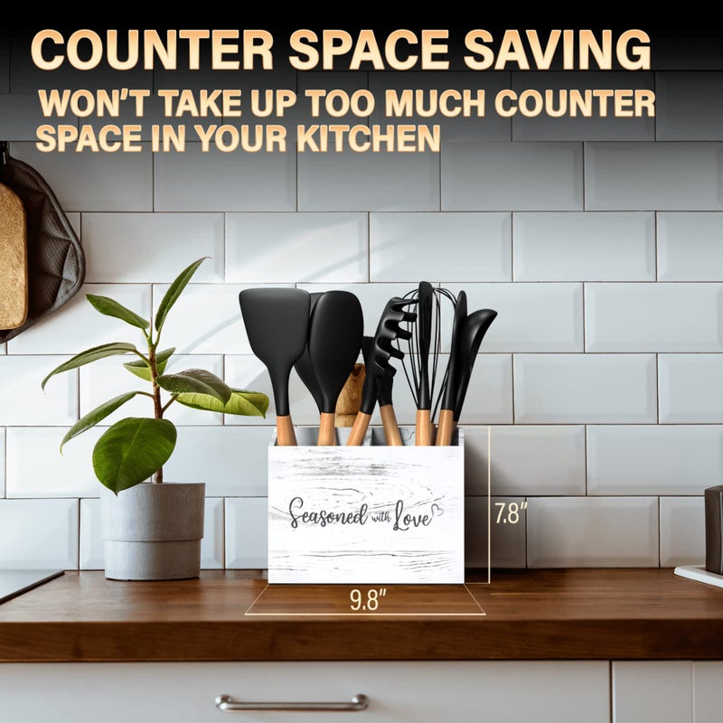 Acenity Acenity Cooking Utensil Holder, Cute Kitchen Counter Organizer, Utensil Caddy, Lovely Farmhouse Kitchen decor (White)  - Image 3