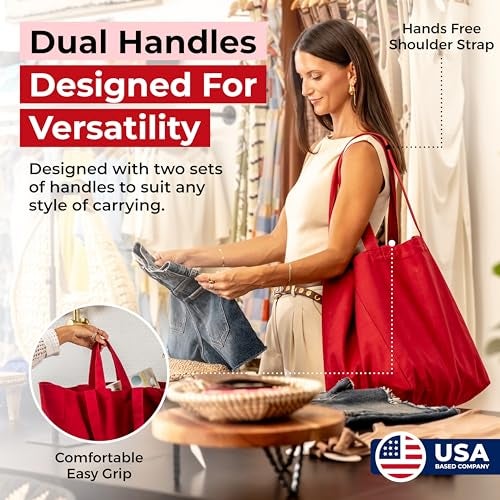 VeraMia Canvas Grocery Bag 3pc Jumbo Set with Real Pockets, Long Shoulder Strap and Short Handle. Reusable Shopping Bags for Groceries Heavy Duty, Foldable, Washable, Grocery Tote Bag (Cranberry Red) - Image 3