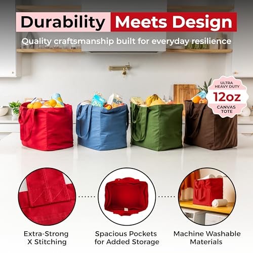 VeraMia Canvas Grocery Bag 3pc Jumbo Set with Real Pockets, Long Shoulder Strap and Short Handle. Reusable Shopping Bags for Groceries Heavy Duty, Foldable, Washable, Grocery Tote Bag (Cranberry Red) - Image 4