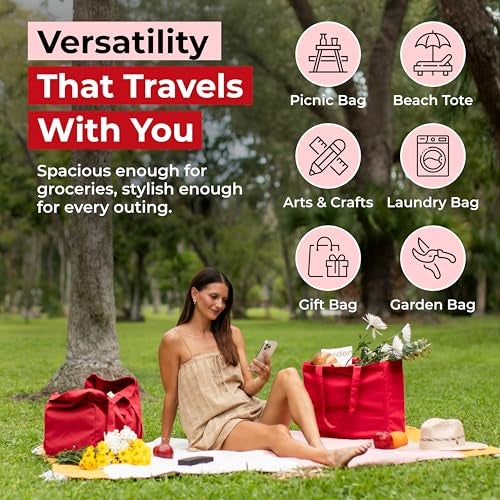 VeraMia Canvas Grocery Bag 3pc Jumbo Set with Real Pockets, Long Shoulder Strap and Short Handle. Reusable Shopping Bags for Groceries Heavy Duty, Foldable, Washable, Grocery Tote Bag (Cranberry Red) - Image 5