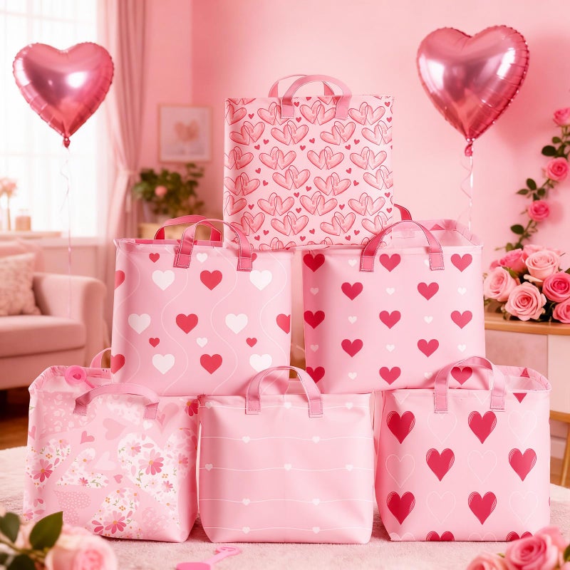 Youyole 6 Pcs Galentine's Day Gifts Basket Set Valentine's Day Storage Bins Pink Heart Empty Gifts Basket Organizer with Love Pattern Valentine Decorative Container Box with Handle for Closet Shelf - Image 5