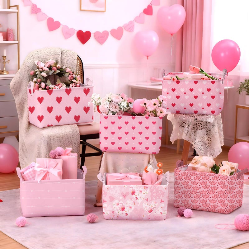 Youyole 6 Pcs Galentine's Day Gifts Basket Set Valentine's Day Storage Bins Pink Heart Empty Gifts Basket Organizer with Love Pattern Valentine Decorative Container Box with Handle for Closet Shelf - Image 2