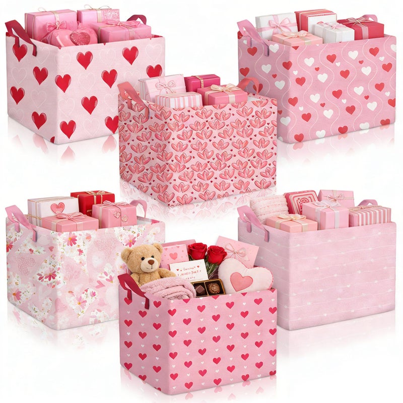 Youyole 6 Pcs Galentine's Day Gifts Basket Set Valentine's Day Storage Bins Pink Heart Empty Gifts Basket Organizer with Love Pattern Valentine Decorative Container Box with Handle for Closet Shelf - Image 1