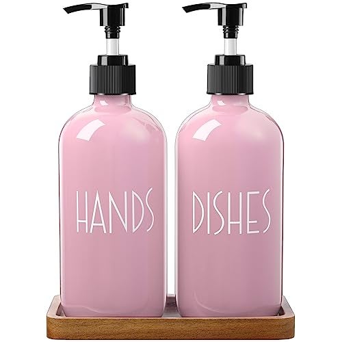 ALELION Dish Soap Dispenser for Kitchen - 16 OZ Glass Hand Soap Dispenser Set with Acacia Wood Tray - Pink Kitchen Bathroom Decor and Accessories - Image 1