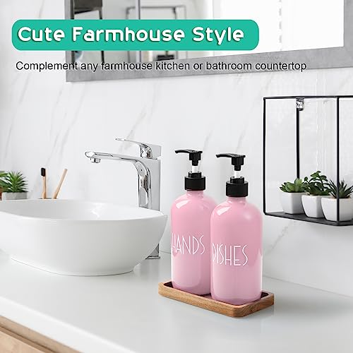 ALELION Dish Soap Dispenser for Kitchen - 16 OZ Glass Hand Soap Dispenser Set with Acacia Wood Tray - Pink Kitchen Bathroom Decor and Accessories - Image 4