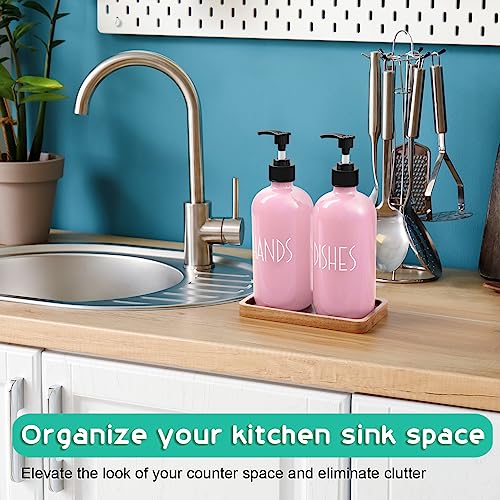 ALELION Dish Soap Dispenser for Kitchen - 16 OZ Glass Hand Soap Dispenser Set with Acacia Wood Tray - Pink Kitchen Bathroom Decor and Accessories - Image 2