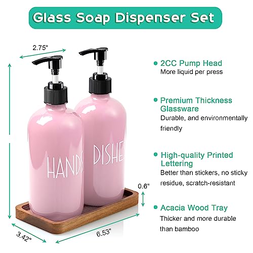 ALELION Dish Soap Dispenser for Kitchen - 16 OZ Glass Hand Soap Dispenser Set with Acacia Wood Tray - Pink Kitchen Bathroom Decor and Accessories - Image 5