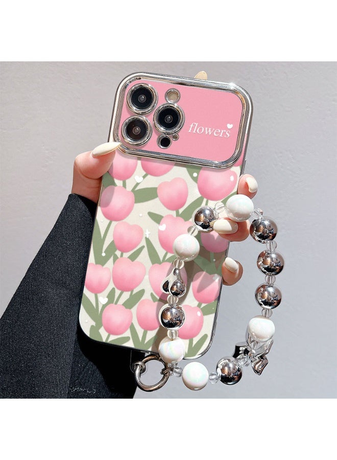 NIBEMINENT Electroplated Flowers Protective TPU Case Cover For iPhone 14 Plus, Cloudy Tulip With Silver Heart Beads - Image 1