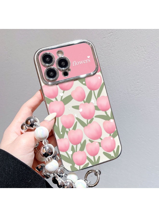 NIBEMINENT Electroplated Flowers Protective TPU Case Cover For iPhone 14 Plus, Cloudy Tulip With Silver Heart Beads - Image 2