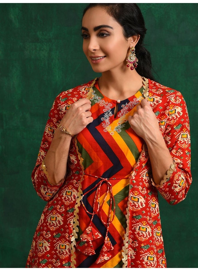 AKS Red Bandhani print Kurta with jacket  - Image 2