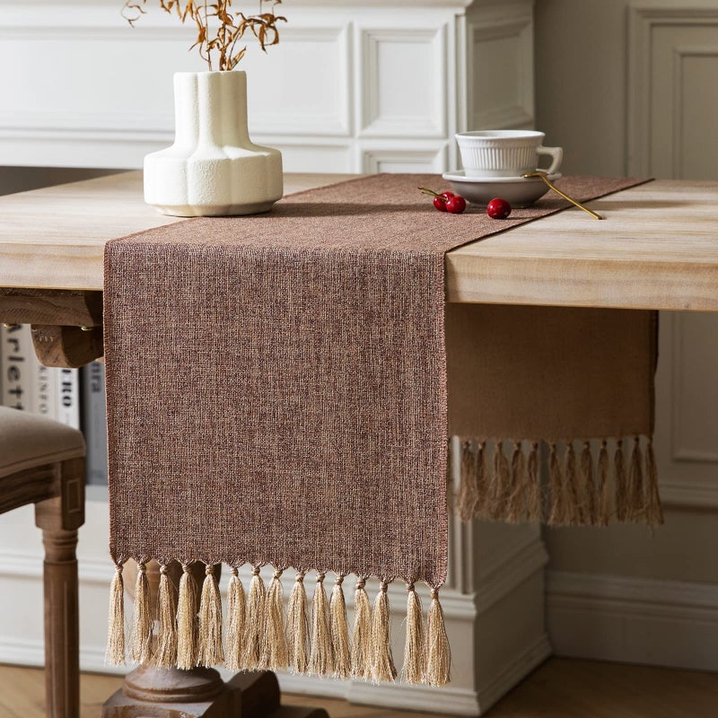 ZeeMart Brown Table Runners 72 Inches Long  Burlap Linen Style Rustic Farmhouse Table Runner  Boho Woven Dining Table Runner  13x72 Inches  Brown - Image 1
