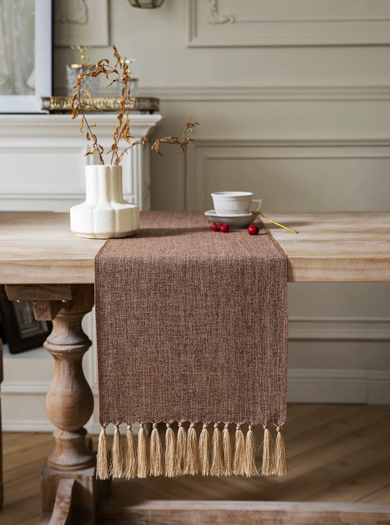 ZeeMart Brown Table Runners 72 Inches Long  Burlap Linen Style Rustic Farmhouse Table Runner  Boho Woven Dining Table Runner  13x72 Inches  Brown - Image 2