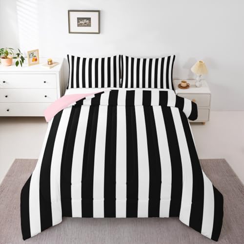 Erosebridal Black and White Striped Twin Comforter Set Pink Reversible Striped Bedding Set Pink and Black Comforter Sets for Kids Teens Adults Cute Pinstripe Girls Bed Quilt Sets - Image 1