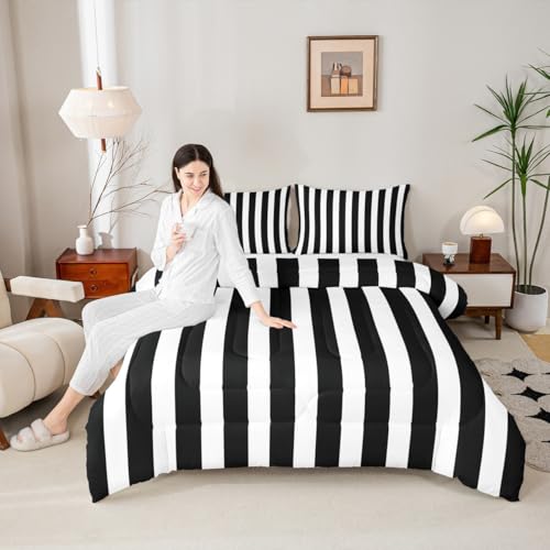 Erosebridal Black and White Striped Twin Comforter Set Pink Reversible Striped Bedding Set Pink and Black Comforter Sets for Kids Teens Adults Cute Pinstripe Girls Bed Quilt Sets - Image 3
