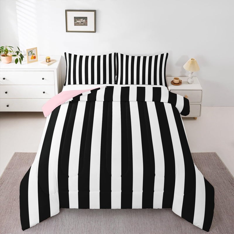 Erosebridal Black and White Striped Twin Comforter Set Pink Reversible Striped Bedding Set Pink and Black Comforter Sets for Kids Teens Adults Cute Pinstripe Girls Bed Quilt Sets - Image 2