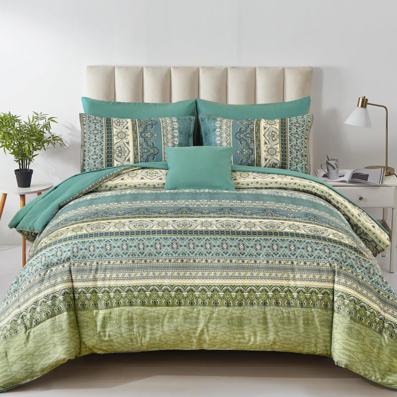 Cottolester Boho Queen Comforter Set 8 PiecesGreen Bohemian Comforter Paisley Striped Bed in A BagSoft Microfiber Bedding Set for All Season