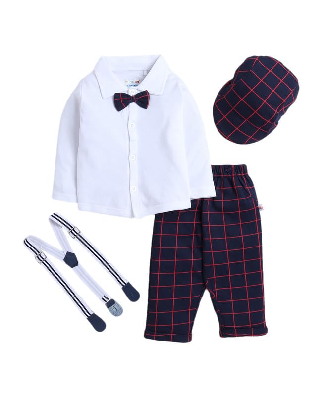 BUMZEE Navy & White Boys Full Sleeves Shirt Pant Set With Suspender & Cap Age - 2-3 Years (Peb9933F-nbl.wht) - Image 1