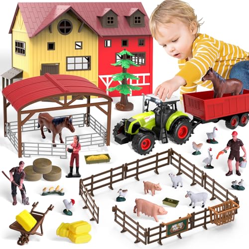 Dwi Dowellin Barn Farm Animal Toys for Kids,Tractor Trailer with Lights & Sound, Farm Barn Playset Horse Stable,Farm Accessories, Pig,Sheep,Goose Duck Birthday Gifts for Kids Toddlers Boy Girl 3-7 Years Old - Image 1