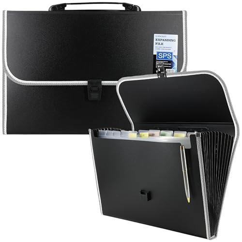SPS 13 Pocket Expanding File Folder with Buckle Closure,Label Index and Handle for A4/Foolscap/Legal Documents (Black) - Image 1