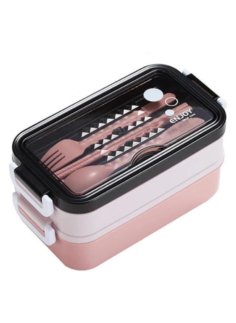 LIMITLESS Lunch Box 1050ml with Sticks, Fork and Spoon,3 Compartments, Leak Proof Double Layer Bento Box, Microwave & Dishwasher Safe Lunch Boxes for School, Work, Picnic, Travel (Pink/Gray)  - Image 1