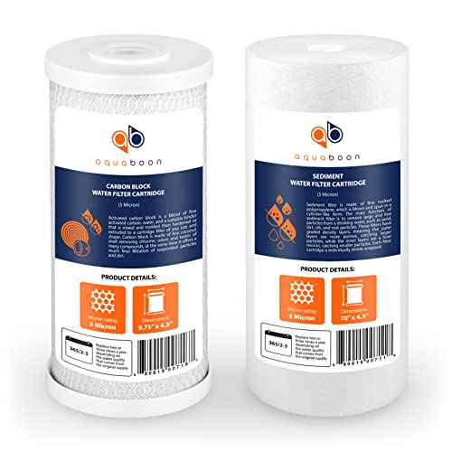 Aquaboon 5 Micron 10 x 45 Whole House Water Filters Cartridges Replacement Set of Carbon Sediment Filters Compatible with FXHTC DGD5005 2 Pack