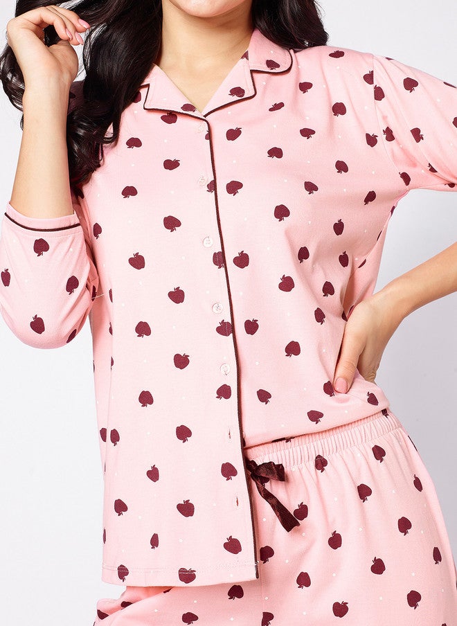 beebelle Pink & Red Polka Dots Printed Lapel Collar Night Suit - Image 3