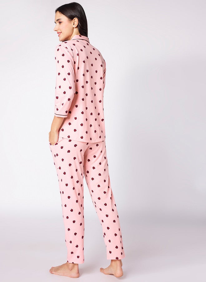 beebelle Pink & Red Polka Dots Printed Lapel Collar Night Suit - Image 5