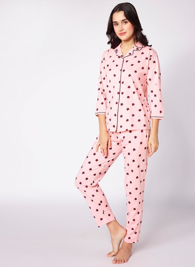 beebelle Pink & Red Polka Dots Printed Lapel Collar Night Suit - Image 4