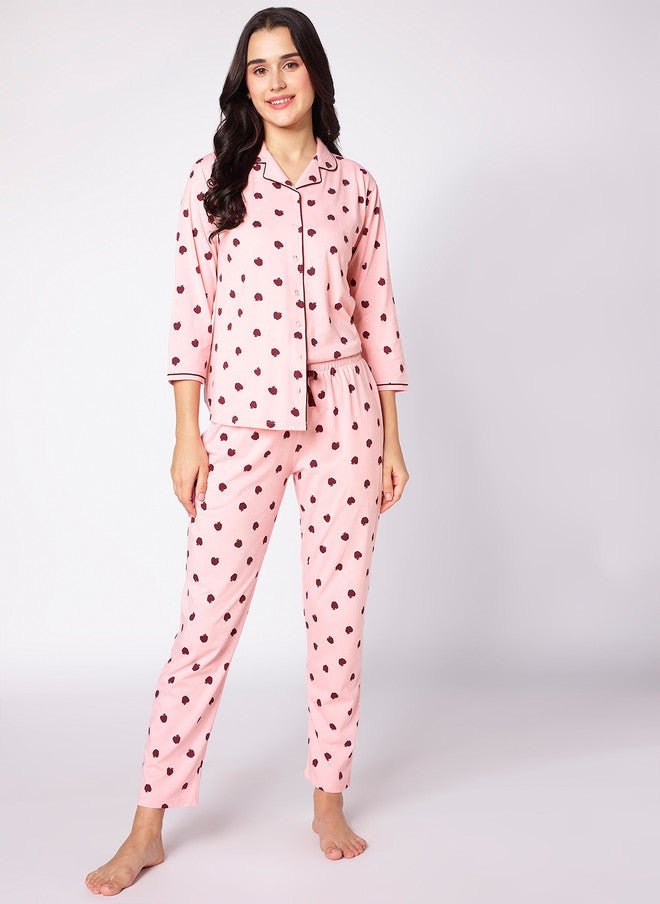 beebelle Pink & Red Polka Dots Printed Lapel Collar Night Suit - Image 2