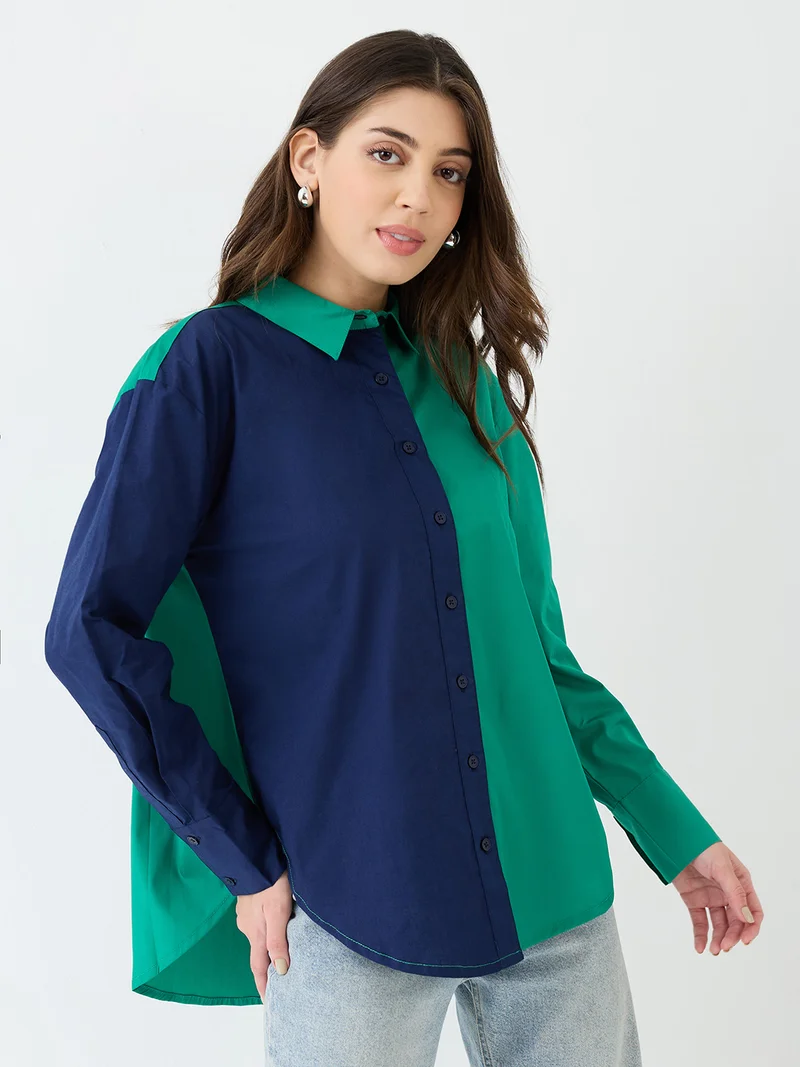globus Women Green Colorblocked Collared Neck Cuffed Sleeves Oversized Shirt