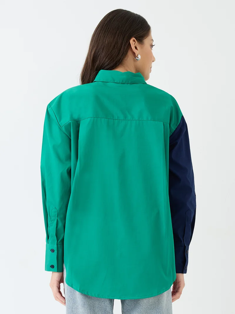 globus Women Green Colorblocked Collared Neck Cuffed Sleeves Oversized Shirt