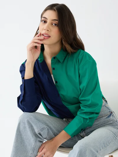 globus Women Green Colorblocked Collared Neck Cuffed Sleeves Oversized Shirt